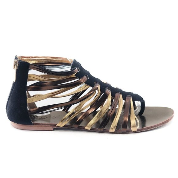 JIMMY CHOO Gold Bronze Black Leathe Gladiator Flat Sandals Zip - Picture 7 of 11